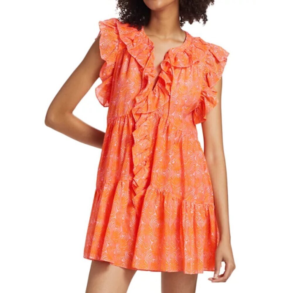 CINQ À SEPT 'Letitia' Cotton/Silk Wave-Print Mini-Dress, Pale Flamingo/Orange
